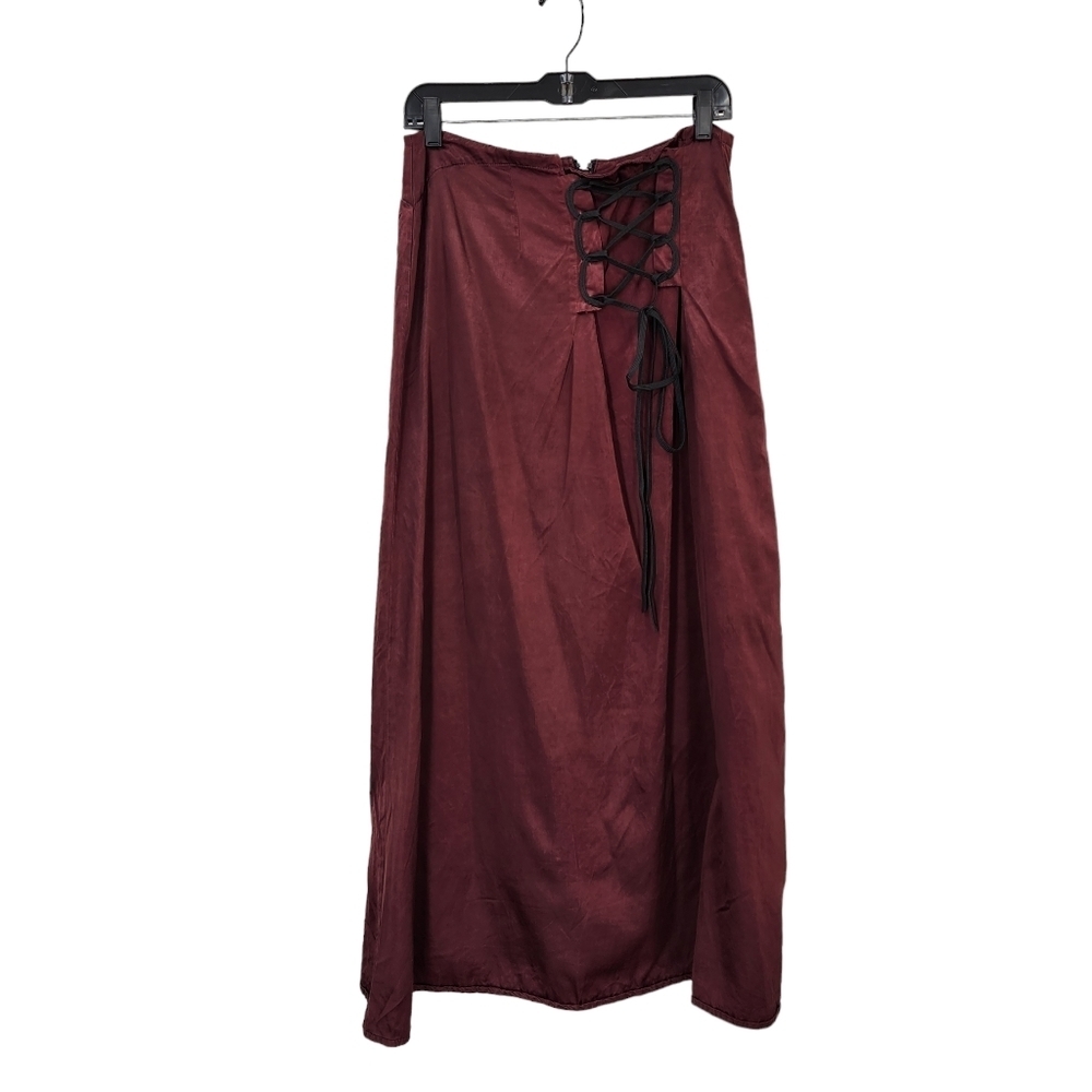 Lace-Up Waist Burgundy Maxi Skirt